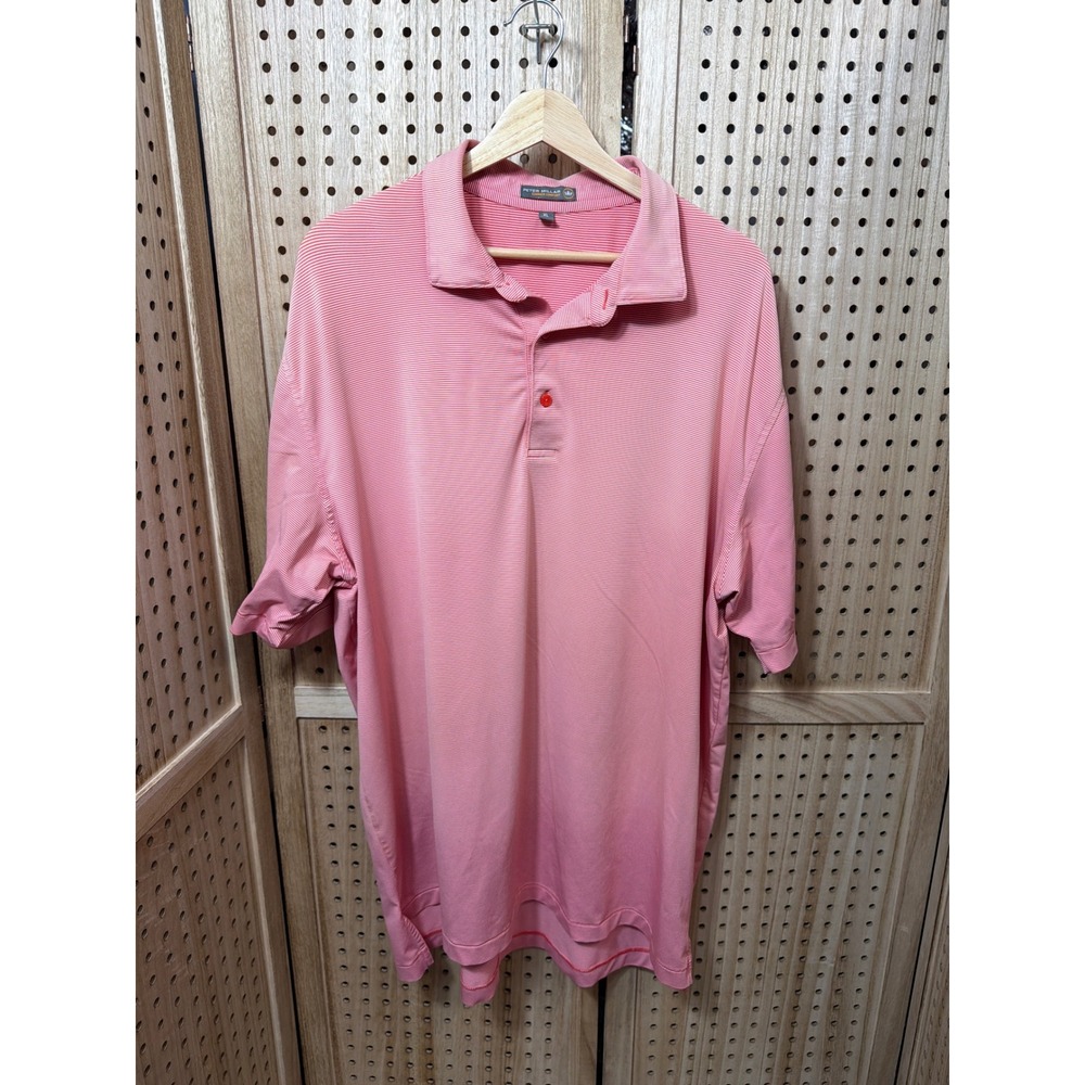 Peter Millar Summer Comfort Mens XL Peach White Striped Flower Sleeve Golf Polo